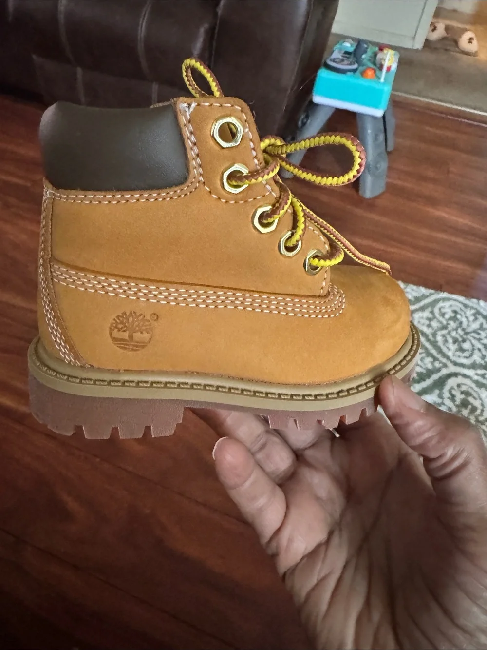 Timberland Little Kids Tan Suede Boots with Yellow Contrast Laces